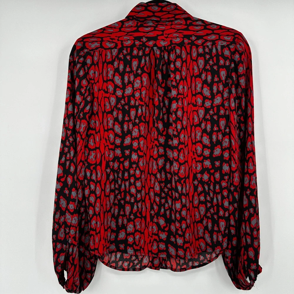 Bardot Womens Red‎ Leopard Print Button Down Blouse Long Sleeve Collared Top S 6